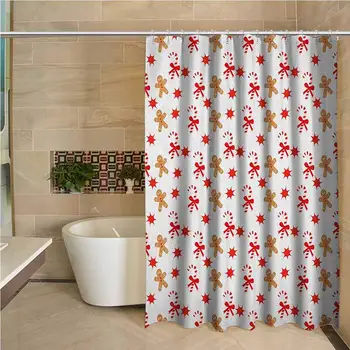 

Gingerbread Man 3D Printed Shower Curtain Candy Cane with Bowties Red Star Figures Gingerbread Man Pattern Hotel Quality Machine