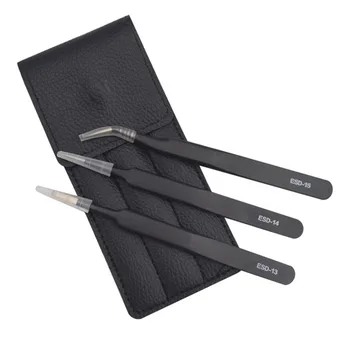

3-Piece Single Eyelash Extension Tweezers Leather Case Tweezers Pointed Elbow Stainless Steel Tweezers Disassemble