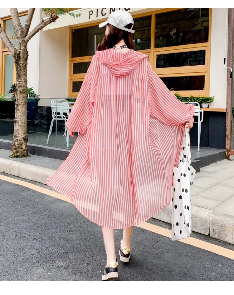 Spring And Summer New Style Korean-style Loose-Fit BF Mid-length Striped Shirt Hooded Sunscreen Coat Thin Coat