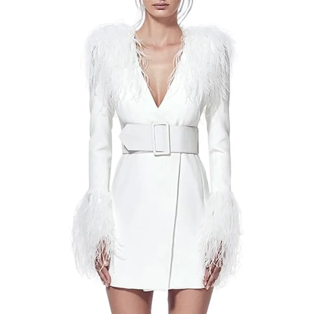White long sleeve dress with feathers Clearance