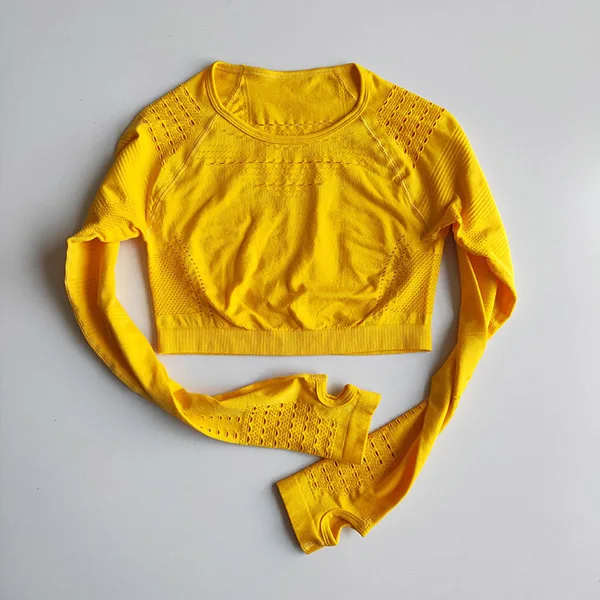 Yollow top 2 предмета, безупречный трикотажный комплект для спортзала, Женский бесшовный комплект для йоги, тренировочная одежда для спортзала, спортивный костюм для фитнеса, одежда для тренировок с длинным рукавом - Цвет: Yollow top