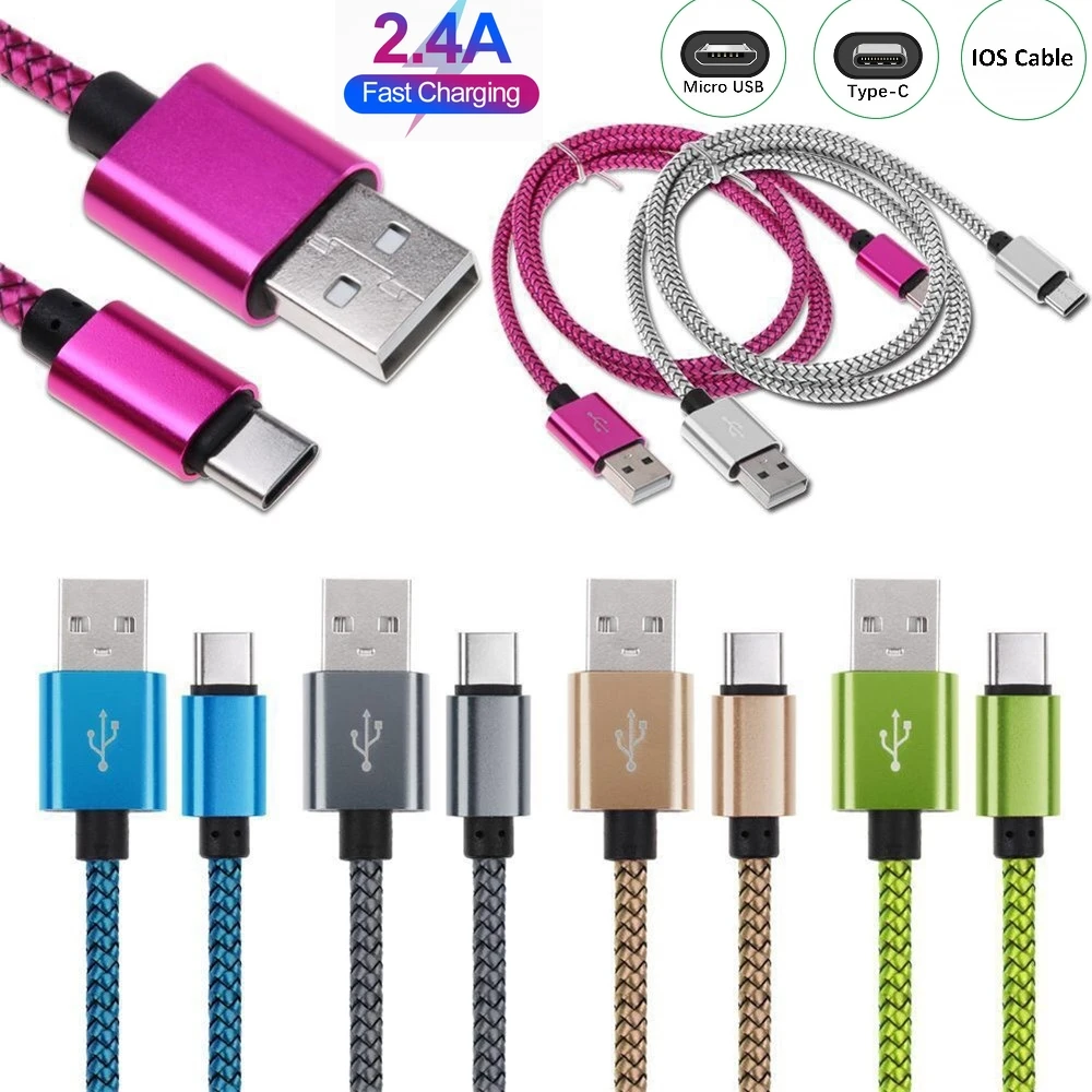 1 м 2 3 Нейлоновая Ткань Плетеный Тип C Type Micro 8 PIN USB синхронизация данных кабель для