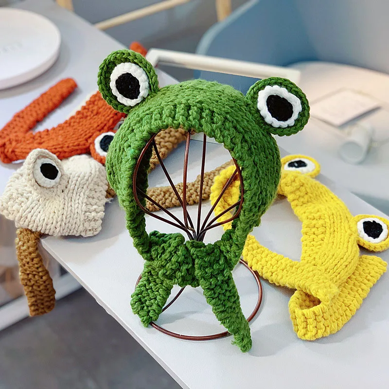 Новинка, женская шапка, корейский стиль, для девушек, новинка, милая, с большими глазами, с ушками лягушки, вязаная шапка, мягкая, теплая, удобная, зимняя, защитная шапка