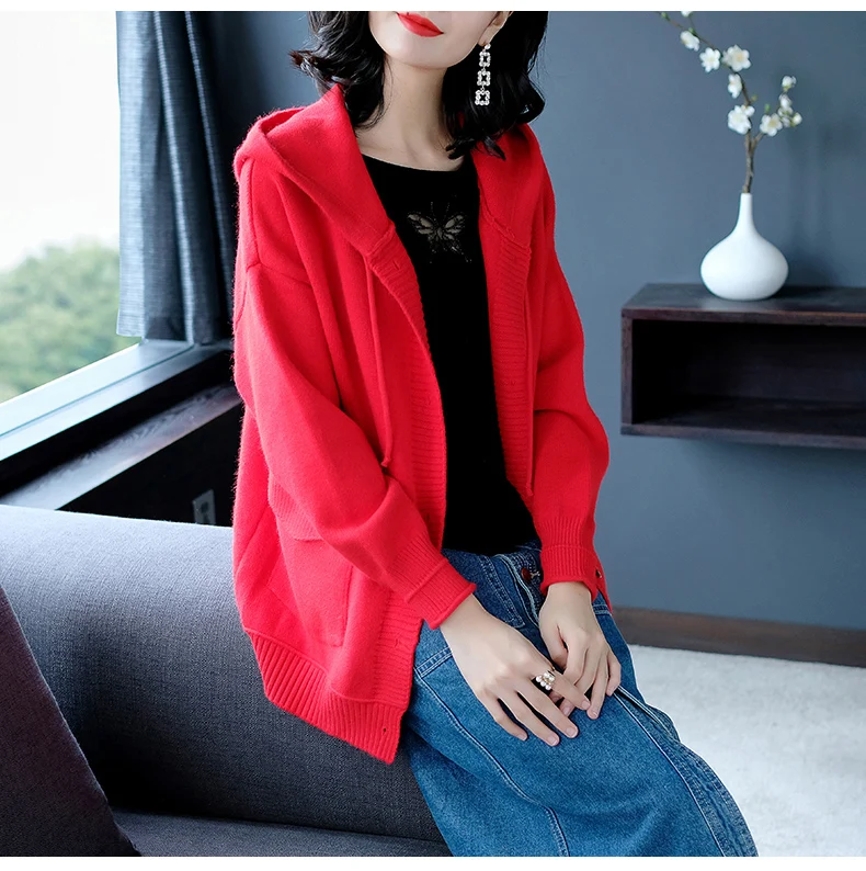 Tide Осень Новые вязаные пальто Женская мода Большой размер M-5XL свободный толстый свитер Повседневный с капюшоном длинный рукав кардиган свитер