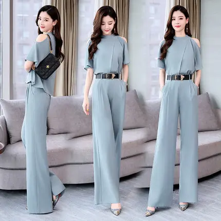 

2019 Summer New Women Two Pieces Set Elegant Tops Blouse And Woman's Wide Leg Pants Trousers Female Suit