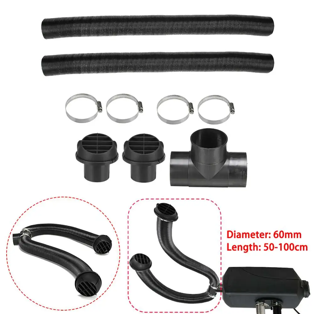 

60mm Car Auto Heater Pipe Duct T Piece Warm Air Outlet Vent Hose Clips Set For Parking Diesel Heater