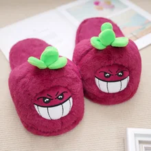 

1pair Funny Purple Mangosteen Plush Slippers Evil Smiling Fuzzy Plush Fruit Indoor Home Shoes Winter Women Men