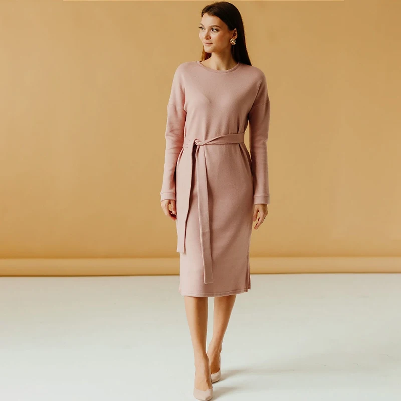

Women Office Lady Sleeve Sashes Party Dress Long Sleeve O neck Solid Elegant Casual Dress 2020 Spring Fashion Dress