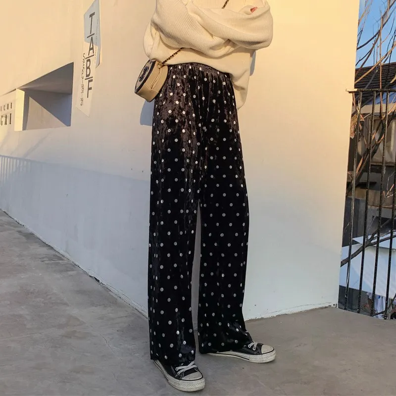 

Spring and autumn women's gold velvet polka dot wide-leg pants plus size high waist loose casual velvet trousers 2020 new