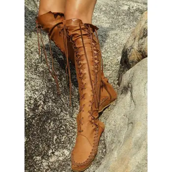 

Autumn winter new lace-up flat bottom women's shoes over the knee high tube casual tassel boots custom large size women's shoes