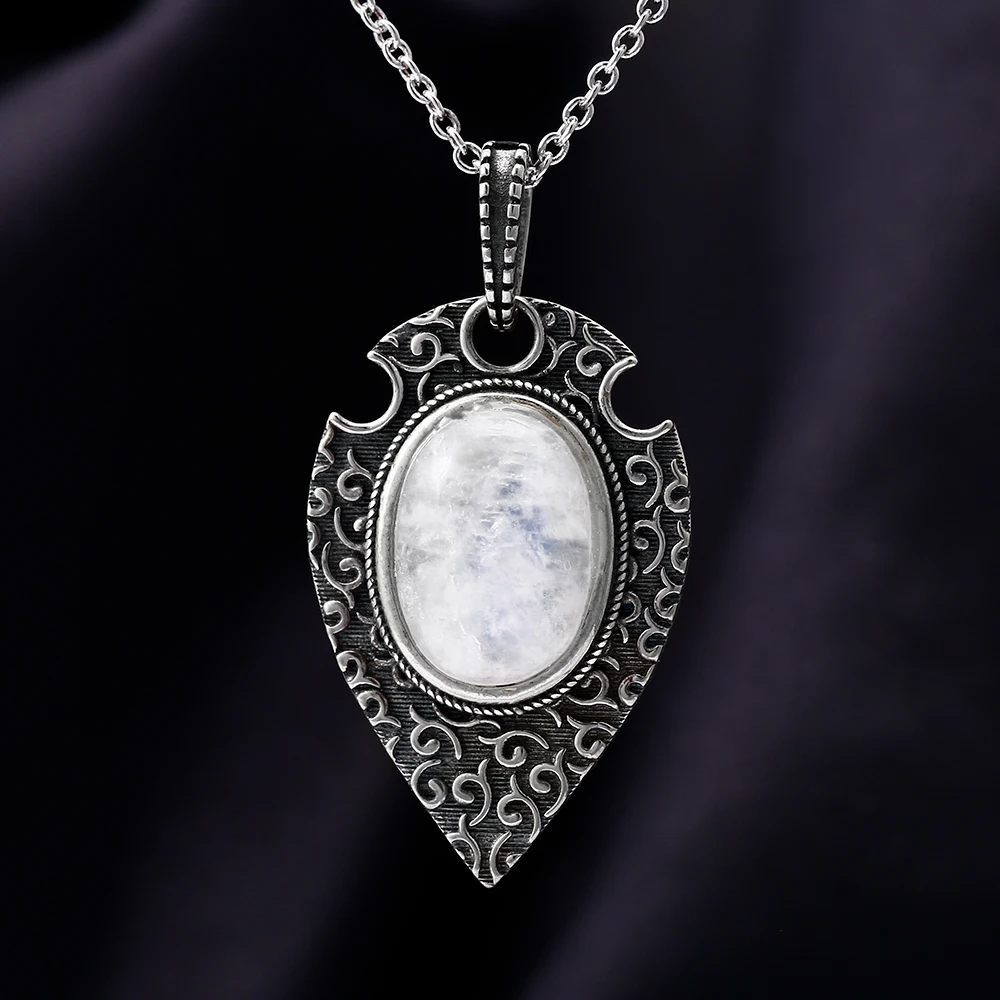 S925 Серебряное ожерелье Кулон Большой овальный 10*14 мм натуральный лунный камень ретро-богемный стиль ожерелье кулон Вечерние