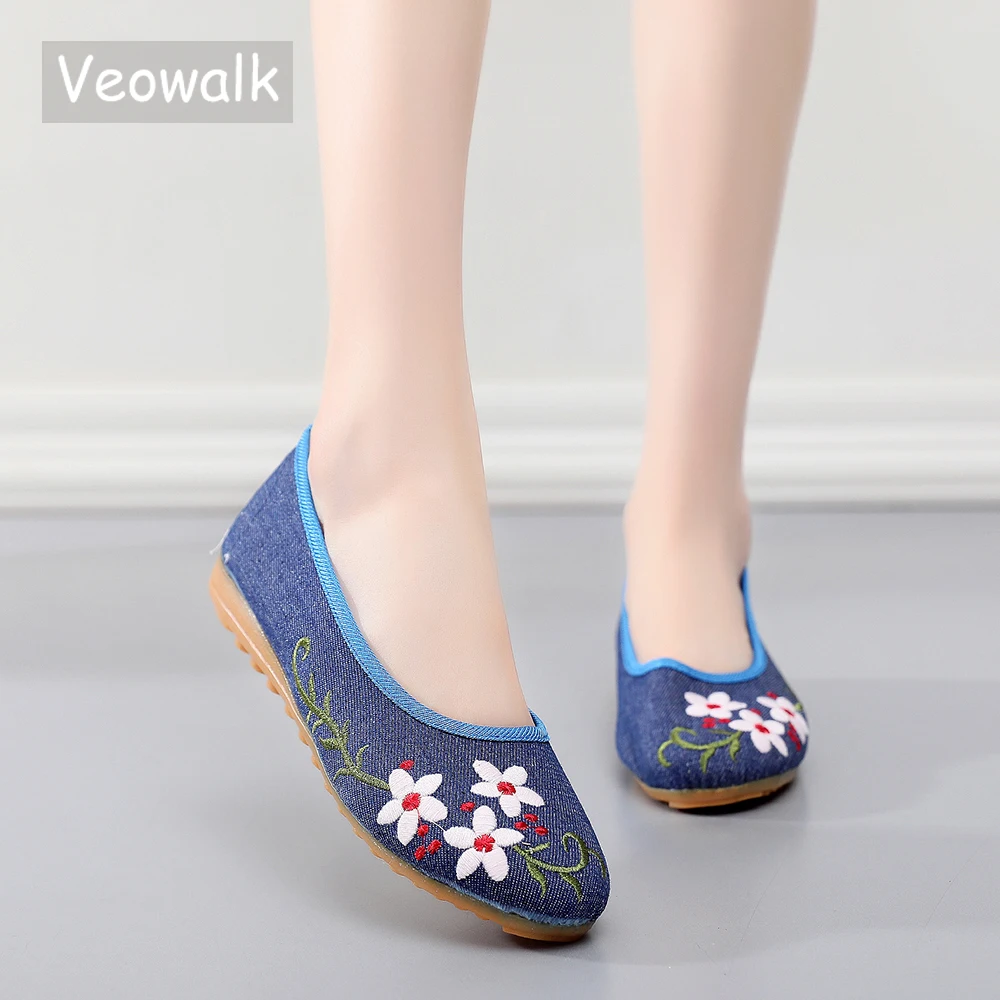 

Женские балетки Veowalk с цветочной вышивкой, Балетки без шнуровки, Нескользящие удобные прогулочные туфли для дам, ретро балетки