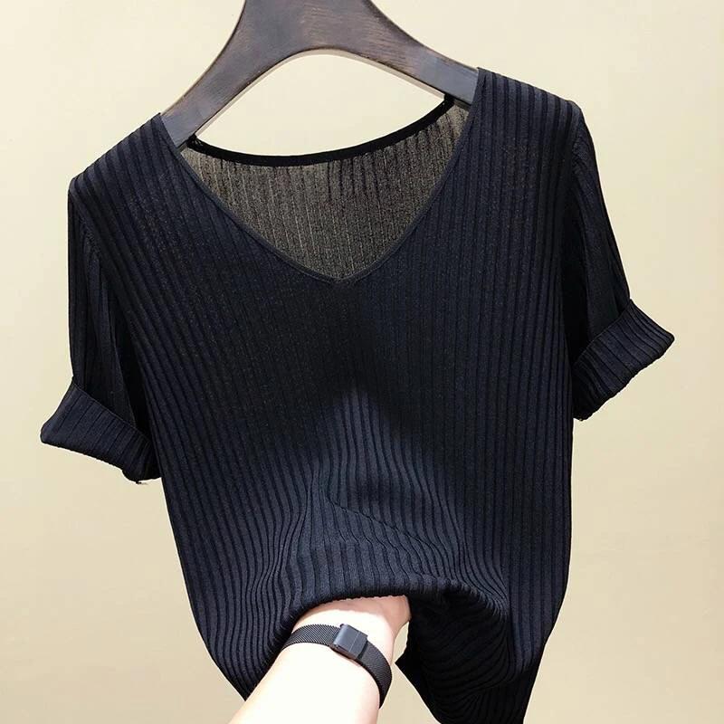 Knitted short sleeve Women V-Neck T Shirts 2025 Blue Slim Black thin knit Orange Tops Ladies Summer Camiseta Summer T shirts 2