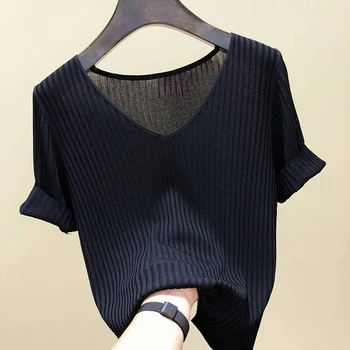 Knitted short sleeve Women V-Neck T Shirts 2025 Blue Slim Black thin knit Orange Tops Ladies Summer Camiseta Summer T shirts 2