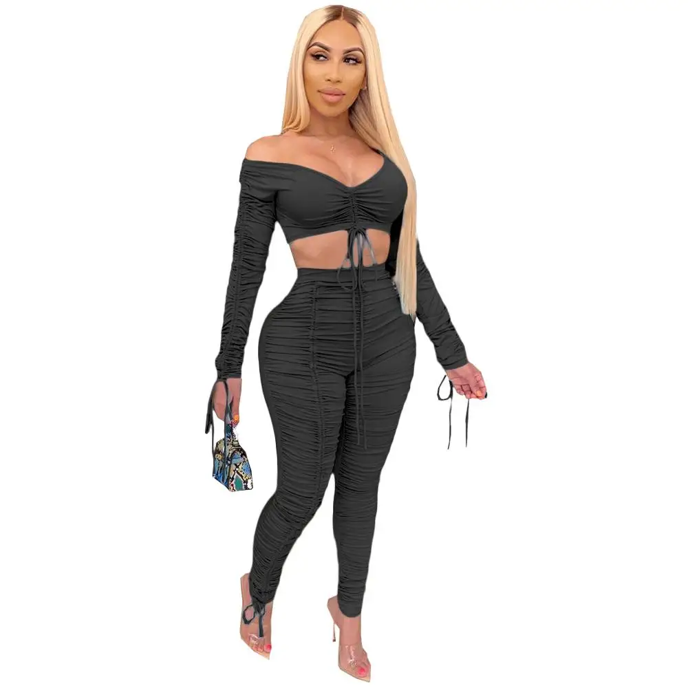 Sexy Stacked Pants Joggers Women Two Piece Set Slash Neck Crop Top + Pants Long Pants Summe Clothes For Women