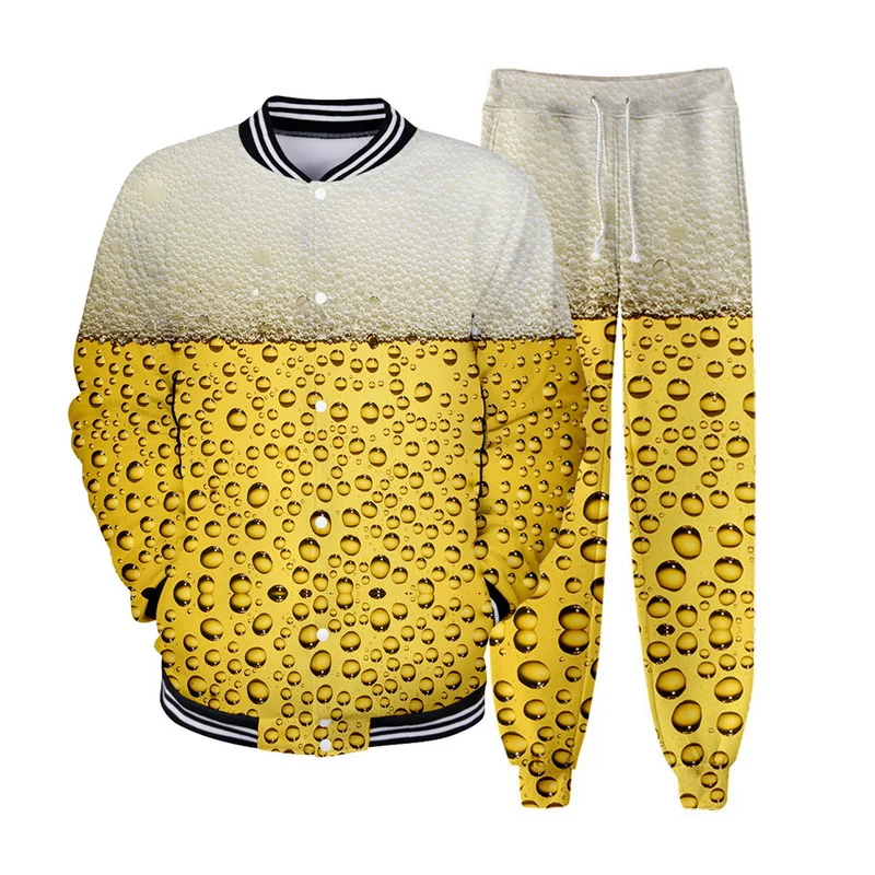 

New Design Sets Casual Harajuku Baseball Jacket+Pencil Pants 2 Piece Sets Plus Size Ropa Hombre Beer Print Party Tracksuit Men