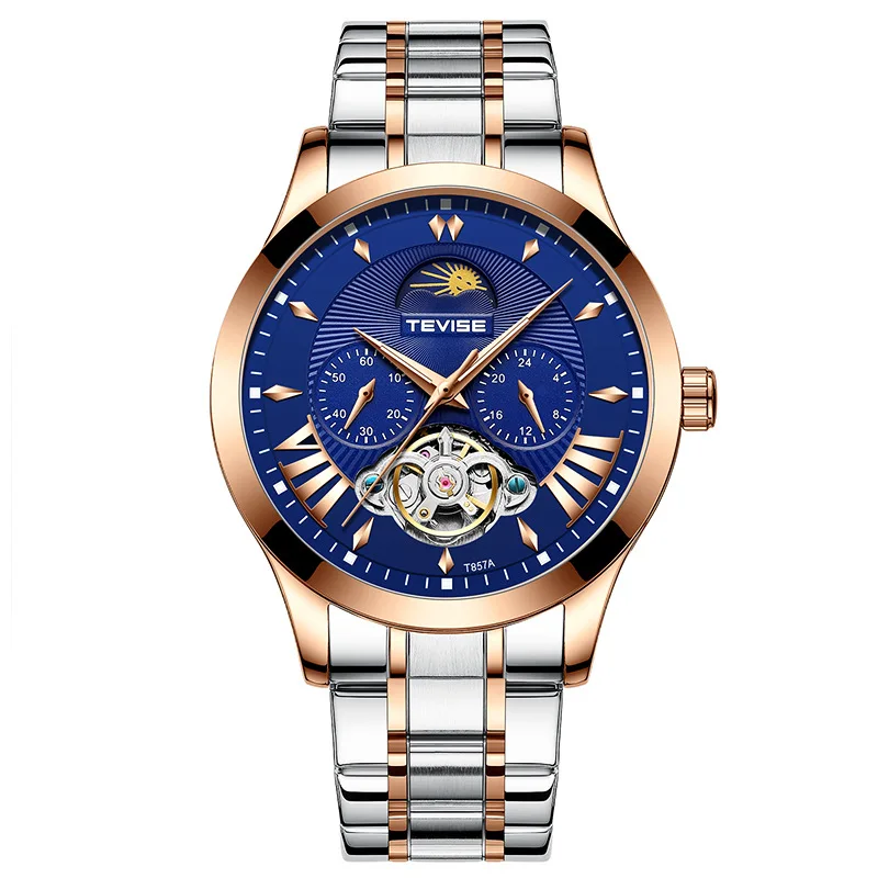 TEVISE Топ бренд класса люкс automatic Tourbillon Мужские механические часы модный стальной ремень Moon Phase светящиеся водонепроницаемые часы