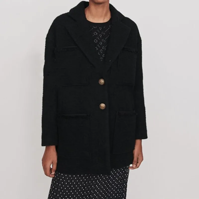 

Women Woolen Jacket Casual Autumn Winter Solid Color Pockets Warm Outwear