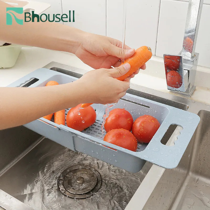 

Bhousell Retractable Drain Basket Kitchen Sink Wash Fruit Vegetable Rack Drain Case Food Storage Basket Kitchen Storage Tool