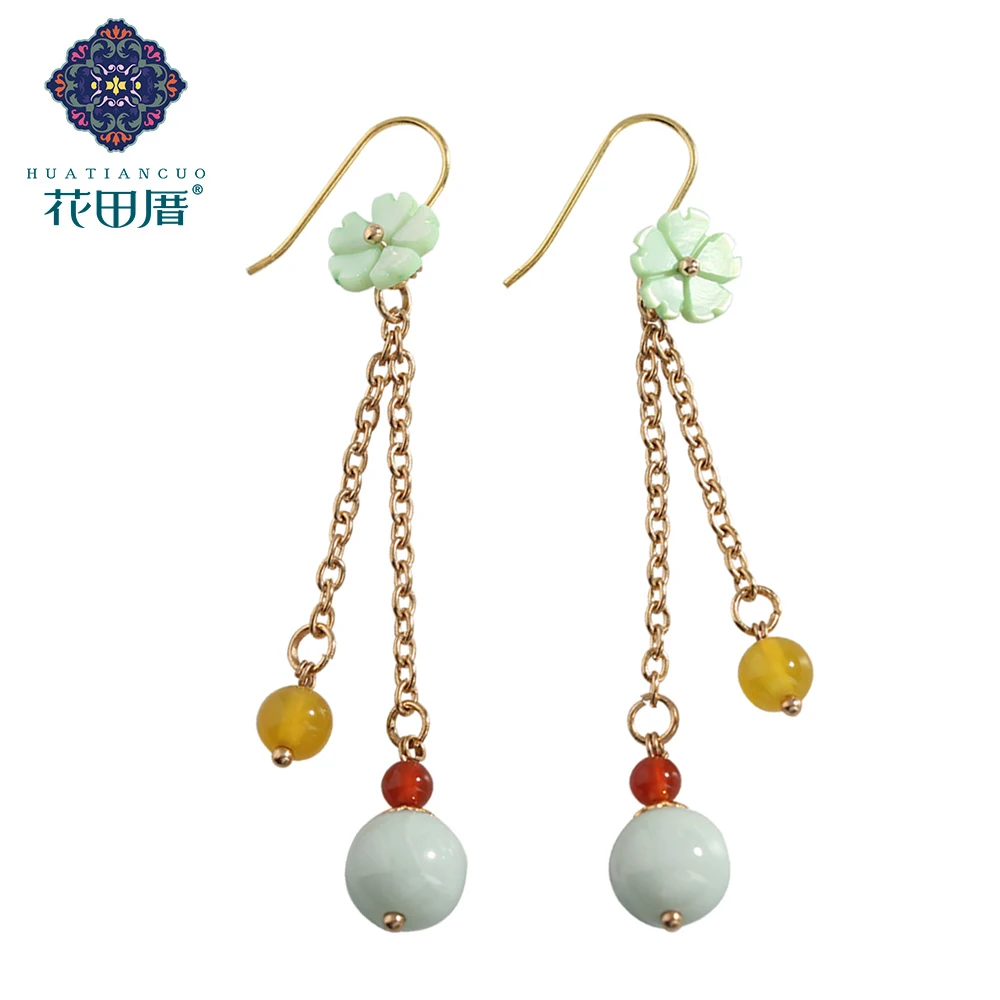 

Green E merald Bead Ethnic Shell Flower Dangle Earring Red Yellow Stone Bead Alloy Chain Fashion Handmade Woman Jewelry EZ-18073