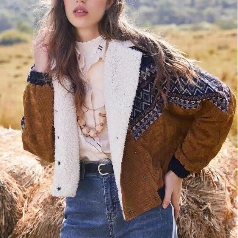 

European and American Style Women's Jacket Corduroy Lamb Turn-down Collar Splice Jacket 2020 New Autumn Winter Female Coats