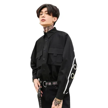 

Man Rivet Iron Ring Hollow Bat Long Sleeve Shirt Male High Street Fashion Hip Hop Punk Loose Casual Dress Shirt Stage Costumes