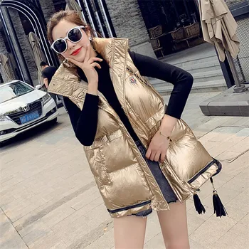 

2019 Winter Women Cotton Vest New Thickening Bright Loose Hooded Down Cotton Waistcoat Female Fashion Sleeveless Jacket JIU084