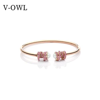 

V-owl Rose Gold Vintage Diamond Pearl Open Bracelet Female French High Sense Titanium Steel Bracelet Non-Allergic Hand Jewelry