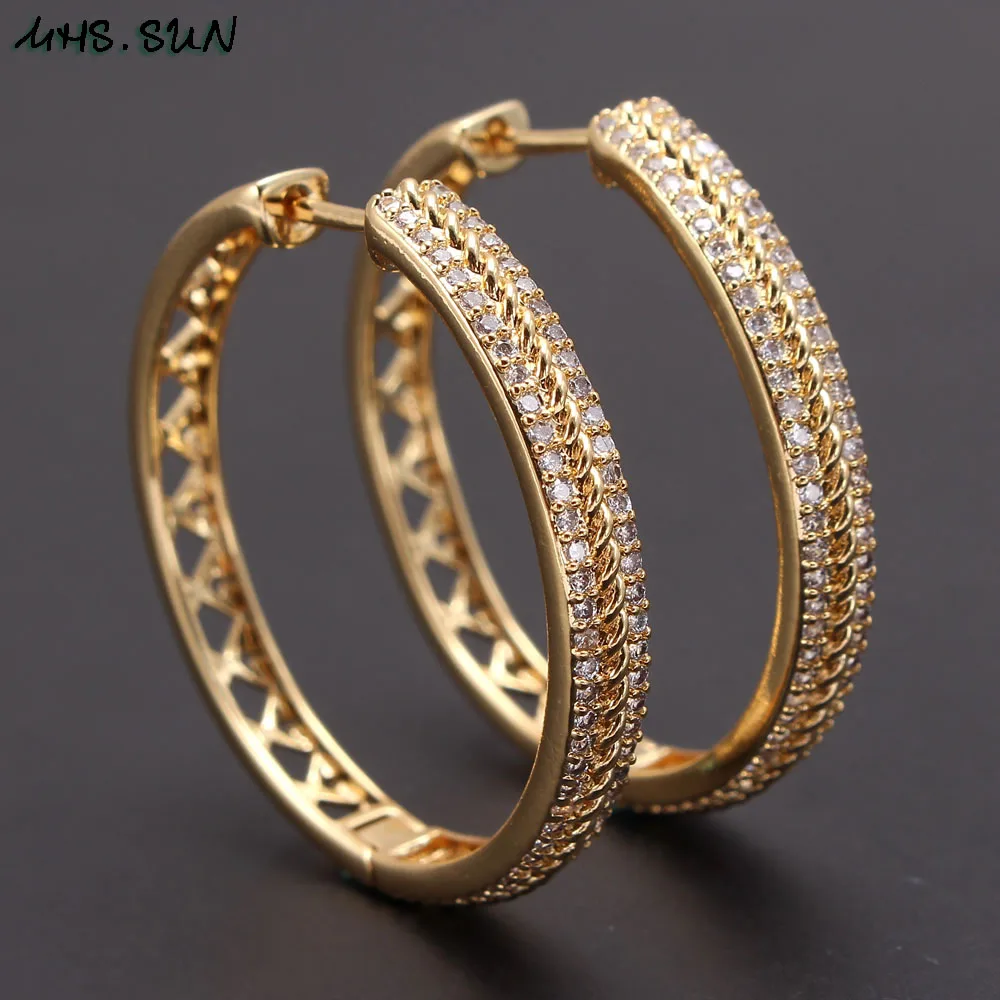 

MHS.SUN Gold Color Women Zircon Hoop Earrings Fashion Hollow Design Loop Earrings For Girls Circle Ear Jewelry Vintage Style