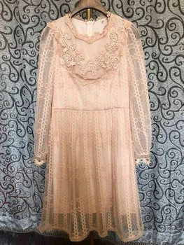 

Vestidos De Festa 2020 Spring Summer Women O-Neck Hand Made Beading Lace Patchwork Long Sleeve Blue Apricot Dress for Party