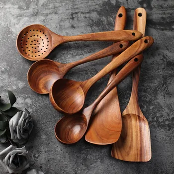 

Thailand Teak Natural Wood Tableware Spoon Ladle Turner Long Wooden Colander Soup Skimmer Cooking Spoons Scoop Kitchen Tool Set
