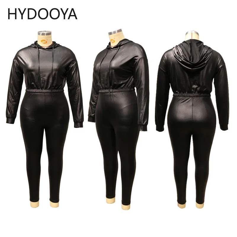 Bright Faux PU Leather Plus Size 2 Piece Set Women Clothing Hooded Long Sleeve Tops and Slim Pant Suits Dropshipping Wholesale