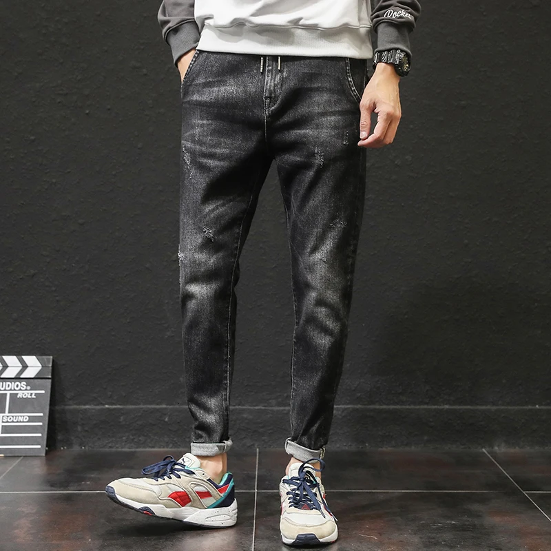 

Drawstring Jeans Men Stretch Slim Fashion Wash Retro Casual Denim Pants Men Streetwear Hip Hop Small Feet Jeans Trousers Man