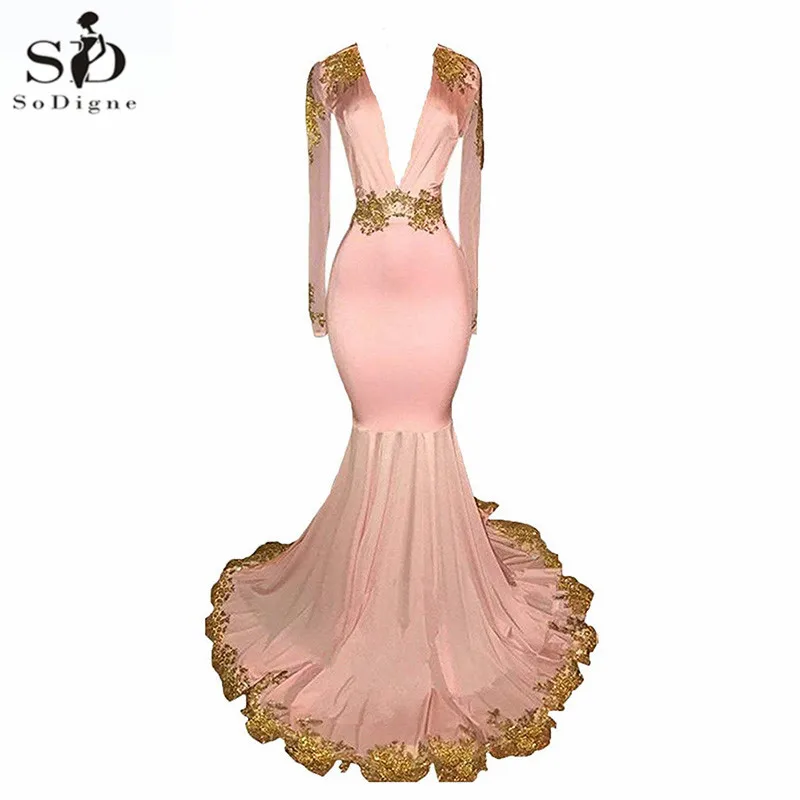 

Women's Black Long Sleeves Pink Prom Dress Gold Lace Appliques Mermaid Evening Dress Formal Dress abendkleider 2019