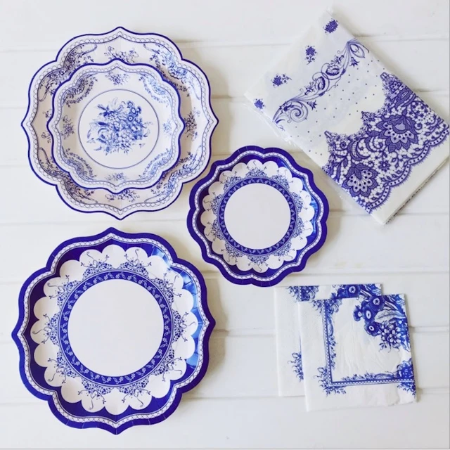 White & Blue Toile Paper Dessert Plates