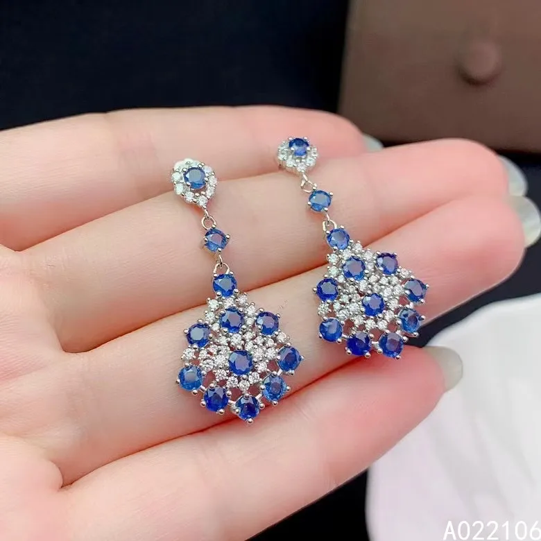 

Fine Jewelry 925 Pure Silver Chinese Style Natural Sapphire Girl Luxury Trendy Flower Gemstone Earrings Eardrop Support Detectio