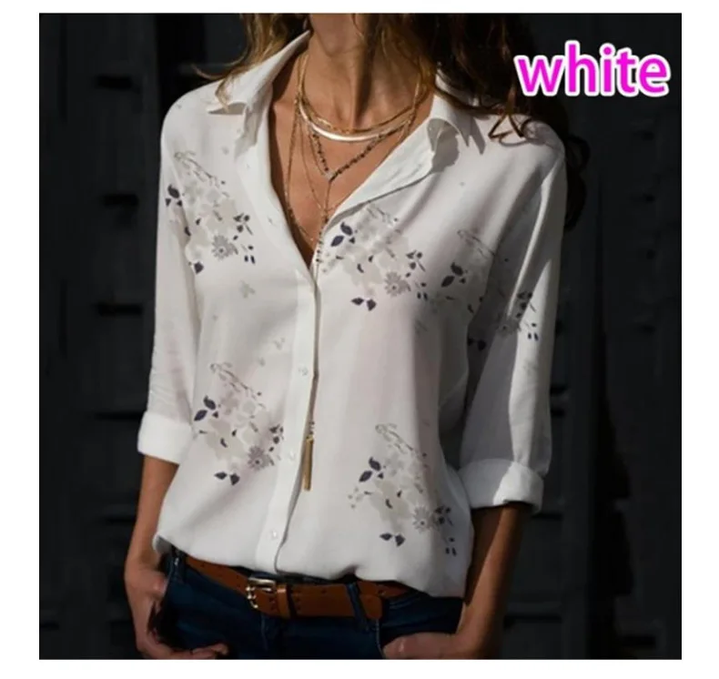 Осенняя женская шифоновая блузка, рубашки, повседневные с длинным рукавом, с v-образным вырезом, Женская рабочая одежда, элегантная женская блузка, рубашки размера плюс - Цвет: 99002 white