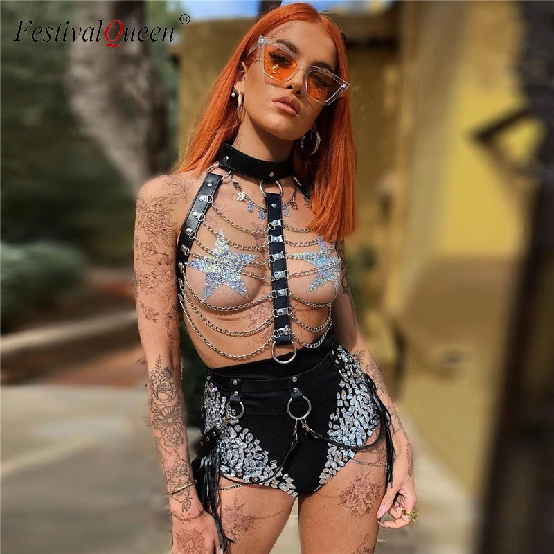 

Gothic PU Leather Revel Two 2 Piece Set Link Chains Hollow Out Tank Top Detachable Long Tassels Waist Belt Rave Festival Outfits