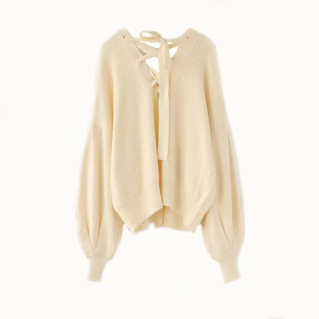 Fashion Za Women Sweater Autumn Solid V-Neck Chic Single Breasted Cardigan Puff Sleeve Loose Knitting Warm Sweaters Female