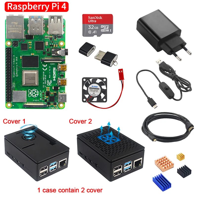  Raspberry Pi 4 Model B 2GB/4GB Kit Board + Power Adapter + Case Box + 32/64GB SD Card + HDMI Cable 