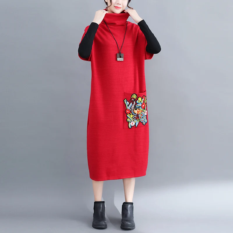 red GCC1266 XITAO элегантное платье с высоким воротником и вышивкой, женское осеннее платье, новое однотонное платье миди в Корейском стиле, модное платье GCC1366 - Color: red GCC1266
