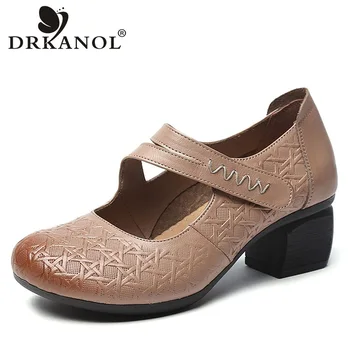 

DRKANOL 2020 New Arrival Spring Women Pumps Shallow Round Toe Thick Heel Shoes Woman Genuine Leather Chunky Heel Casual Shoes