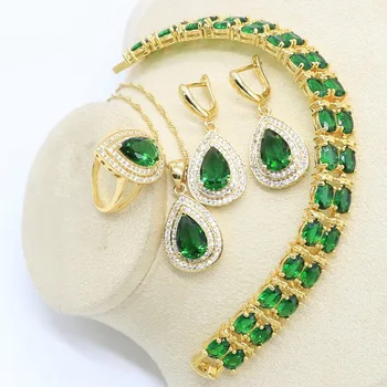 

Water Drop Gold Color Jewelry Set for Women Green Zircon Bracelet Earrings Necklace Pendant Ring Gift Box for Jewelry