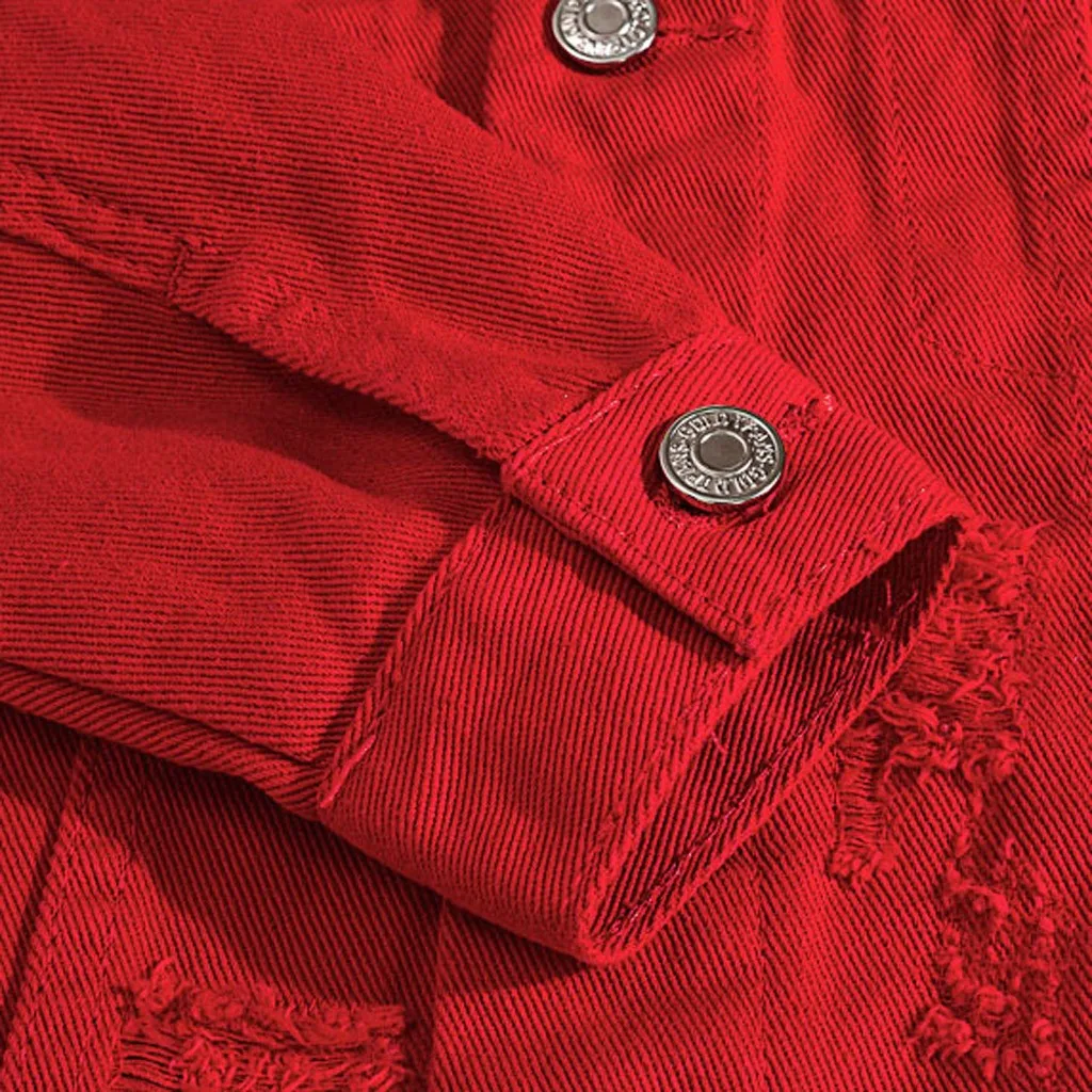 Зимняя джинсовая куртка, красные куртки с дырками, Мужская Новая модная осенне-зимняя повседневная джинсовая куртка с буквенным принтом, пальто с длинными рукавами, Мужская джинсовая куртка на пуговицах