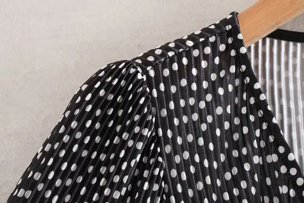 Новинка, Женская Повседневная тонкая плиссированная блуза с v-образным вырезом и принтом в горошек, женская блузка с бантом, roupas femininas blusas tops LS6091