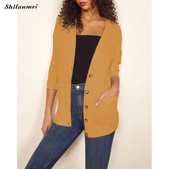

2019 Autumn Casual Knitted Cardigan Women Long Sleeve V Neck Buttons Sweater Coat Solid Color Basic Yellow Female Knitwear