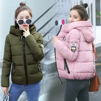 

Women's Letter Print Zipper Hooded Short Coat Parka Winter Thick Hooded Puffer Coats Woman 2019 Pink Slim Parkas Female White