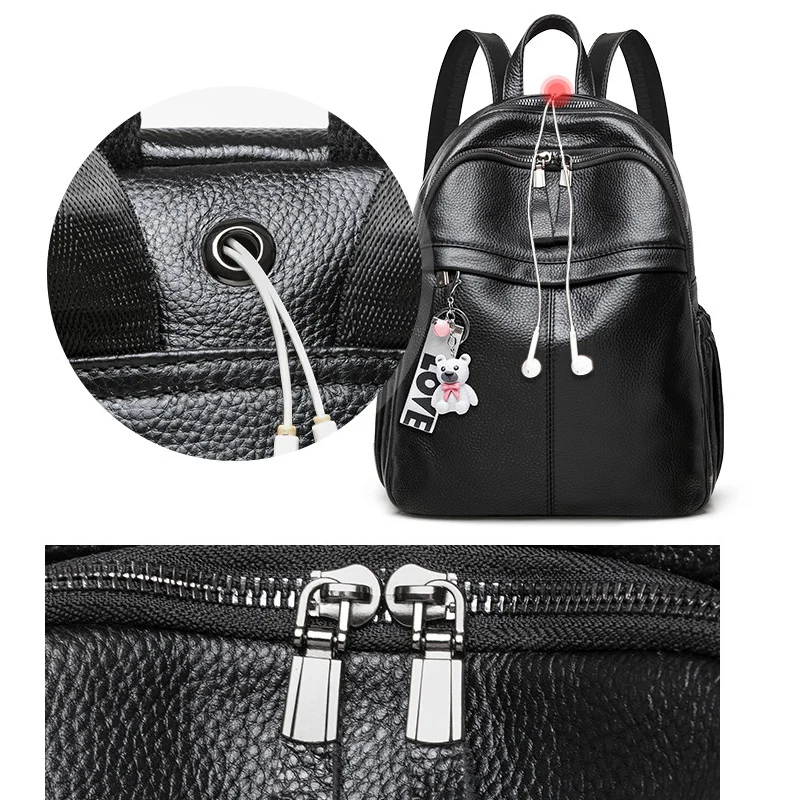 Women's Backpack Lady Simple Elegant Black Genuine Leather Knapsack Colleague Student Girls Schoolbag Travel Packsack 6