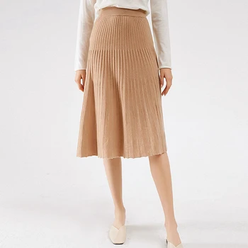 

Skirt Women 100% Wool Knitted Solid Elastic Waist Pleated Skirt 6 Colors High Quality Wool A Skirt Elegant Style New Fashion