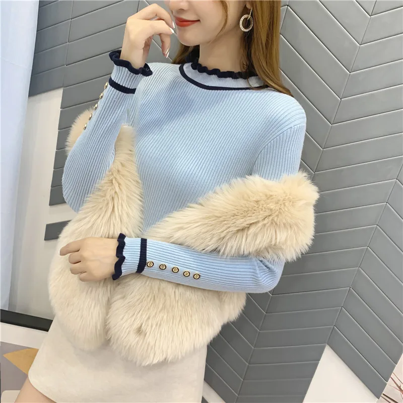 OHCLOTHING5344-женские свитера 2019New Женский пуловер высокая эластичность falbala вязаный кружевной воротник подходит ко всему джемпер